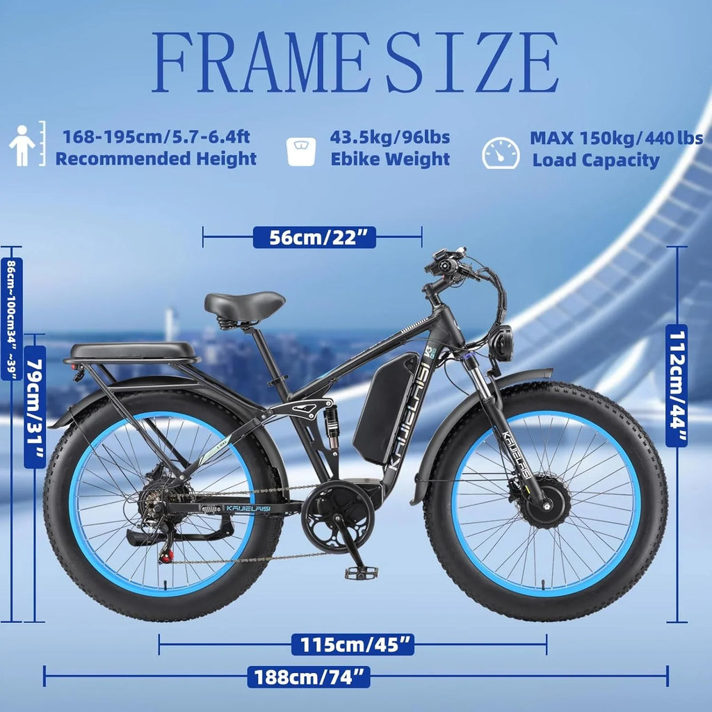 KAIJIELAISI Electric Bike for Adults,AWD Ebikes Dual Motor Peak 6000W, 26'' Fat Tire bikes with 52V 26AH Battery Hydraulic Brake. Electric Bicycle, 7 Speed Mountain EBike UL 2849.