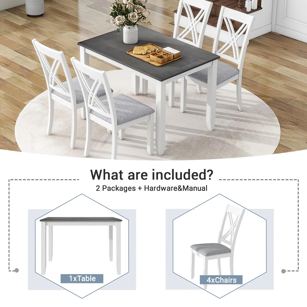 Seizeen Solid Wood Kitchen Table and Chairs, Dining Room Table Set for 4 with Gray Upholstered Chairs, Wood Grain Table Heavy-Duty Frame, Rustic Minimalist Style Breakfast Nook Set