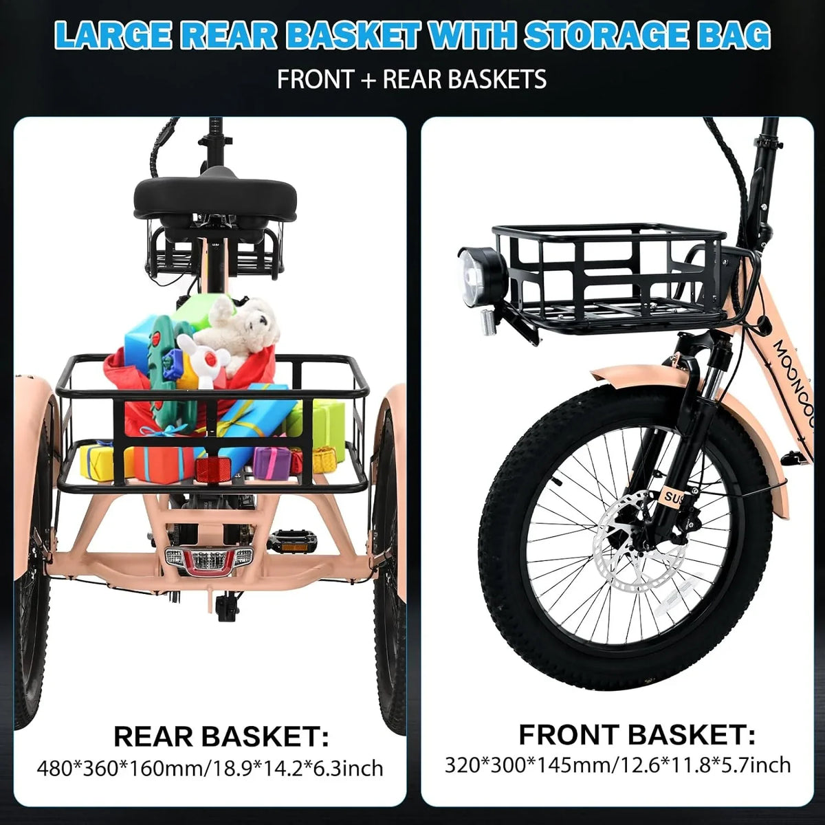 MOONCOOL TK1 Folding Electric Tricycle for Adults,48V 14.5Ah Removable battery, 500W"Peak 1000w"Motor, 20" Fat Tire Step-Thru 3Wheel Electric Bicycle w/Front&Rear Baskets, Certified to UL 2849 by SGS