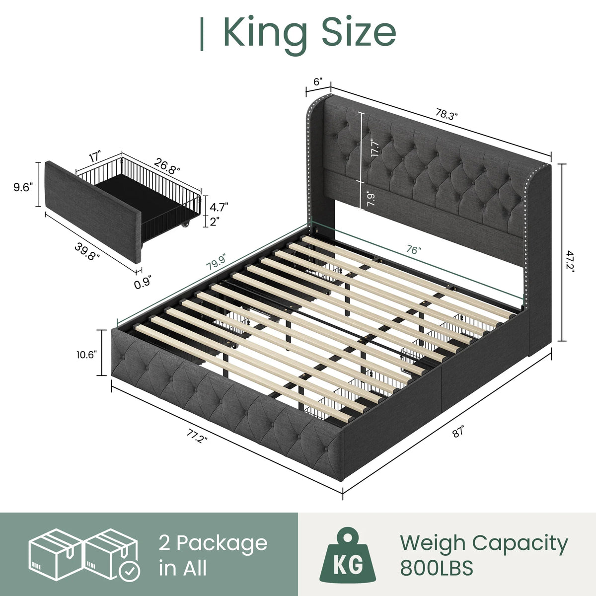 LARMACE Queen Size Platform Bed Frame with 4 Storage Drawers and Tufted Headboard Linen Upholstered Bed Wingback Bed Frame with Wooden Slats Support, Easy Assembly, Light Grey