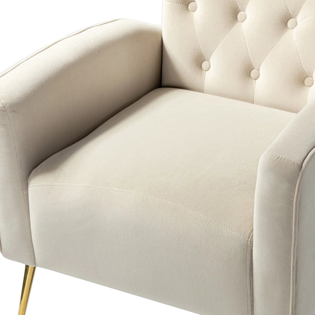 Modern Velvet Accent Chair Upholstered Sofa Armchair Button Tufted Metal Legs Adult Bedroom Home Living Room Grey