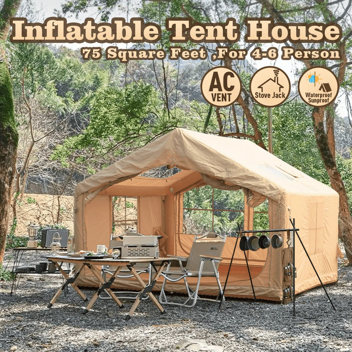 Inflatable Camping Tents 4/6/8/10 Person,129 Square Feets Large Blow up Tent with Stove Jack