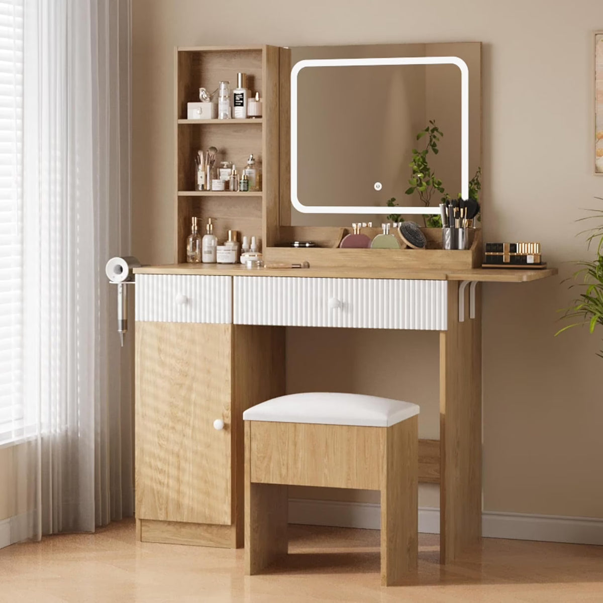 M optimized Vanity Desk with Mirror and Lights, Power Outlets Makeup Table with Drawers & Cabinet, Storage Stool, Dressing Table for Bedroom