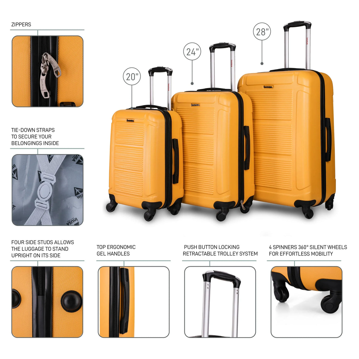 InUSA Pilot 3-Piece Hardside Luggage Sets with Spinner Wheels, Handle, Trolley, (20"/24"/28"), Blue