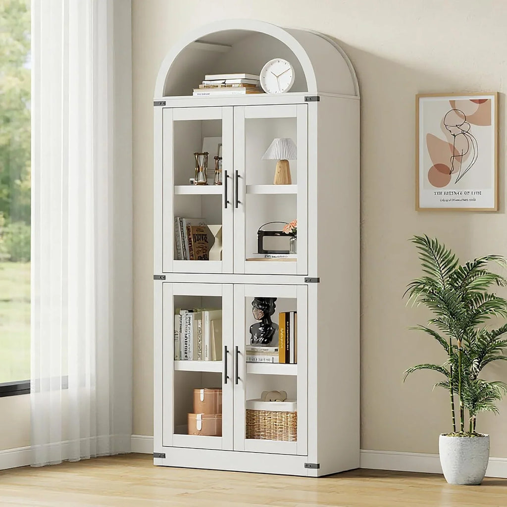 AOILE 72" Tall Arched Farmhouse Bookcase with Doors, Wooden Display Cabinet with Storage Shelves