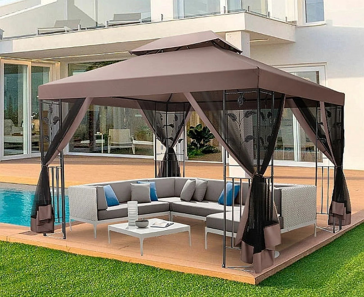 COBIZI 10' x 13' Pop Up Gazebo, Screened Patio Gazebo, Outdoor Steel Double Roof Canopy Tent, Metal Frame Canopy with Mosquito Netting, Sunshade for Garden, Lawns, Gray