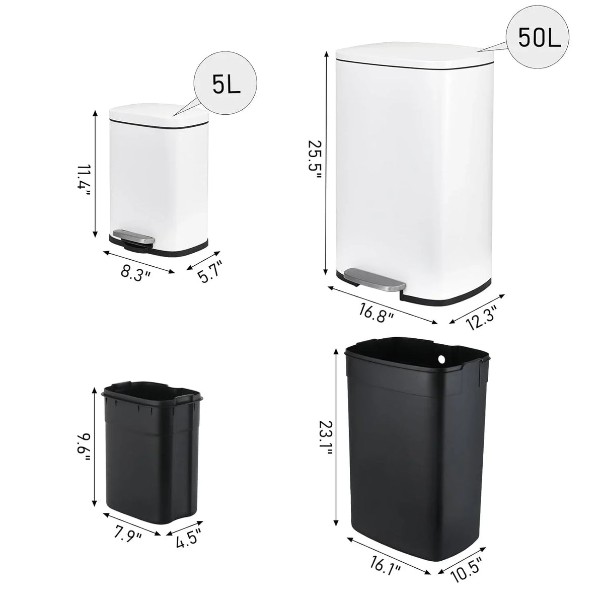 LAZY BUDDY 13.2 Gallon Stainless Steel Kitchen Trash Can with 1.3 Gallon Mini Trash Can, Rectangular Step Garbage Can with Lid