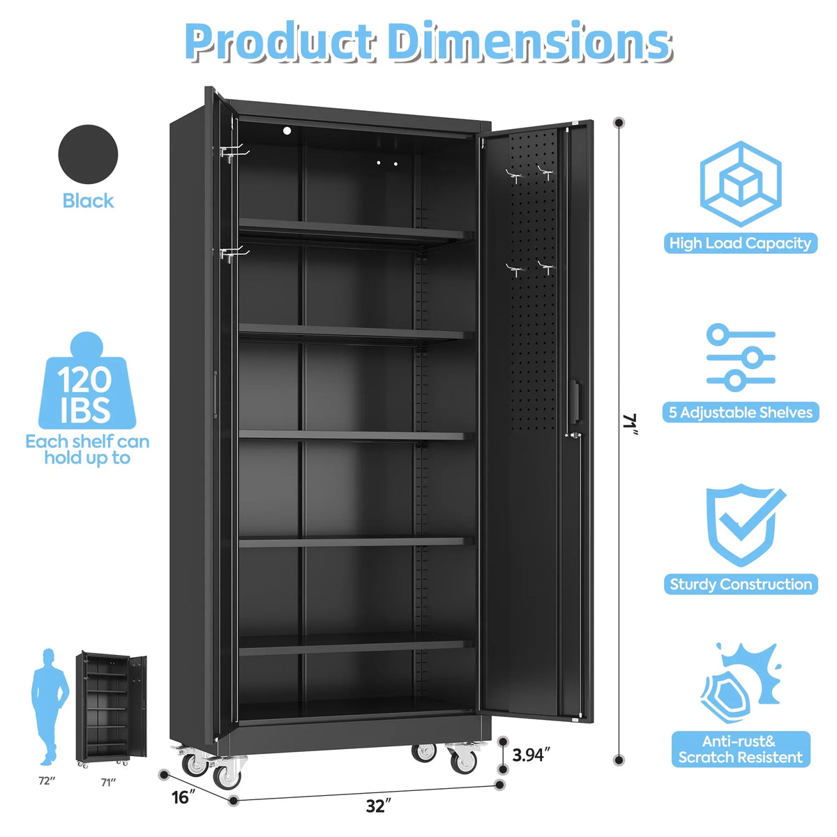 GangMei 71 inches Tall Metal Rolling Garage Storage Cabinets with Locking Doors and 5 Adjustable Shelves, Metal Storage Cabinet for Garage, Office, Home, Classroom, Assemble Required(Black)