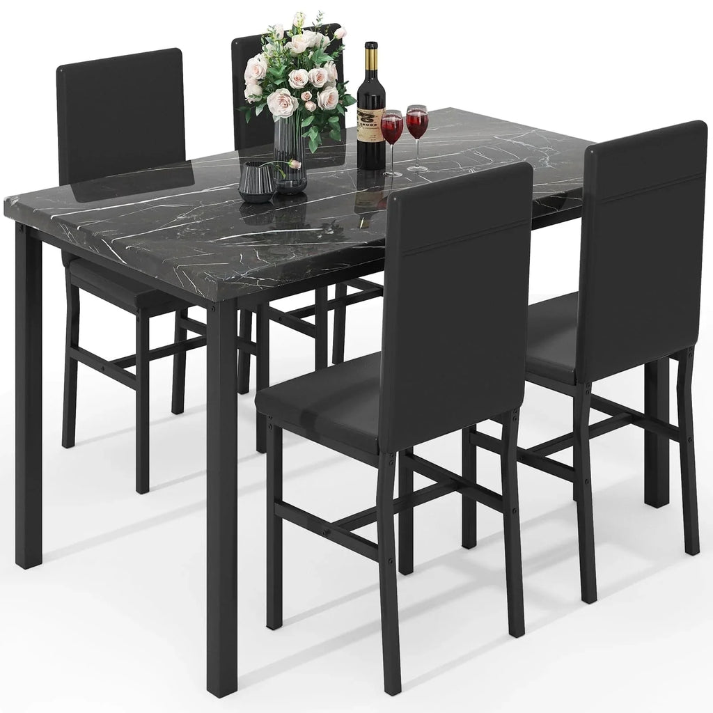 AWQM Dining Table Set of 4, Faux Marble 5 Piece Dining Room Table Set with PU Leather Chairs, Rectangular Kitchen Table Set for Apartment, Dining, White