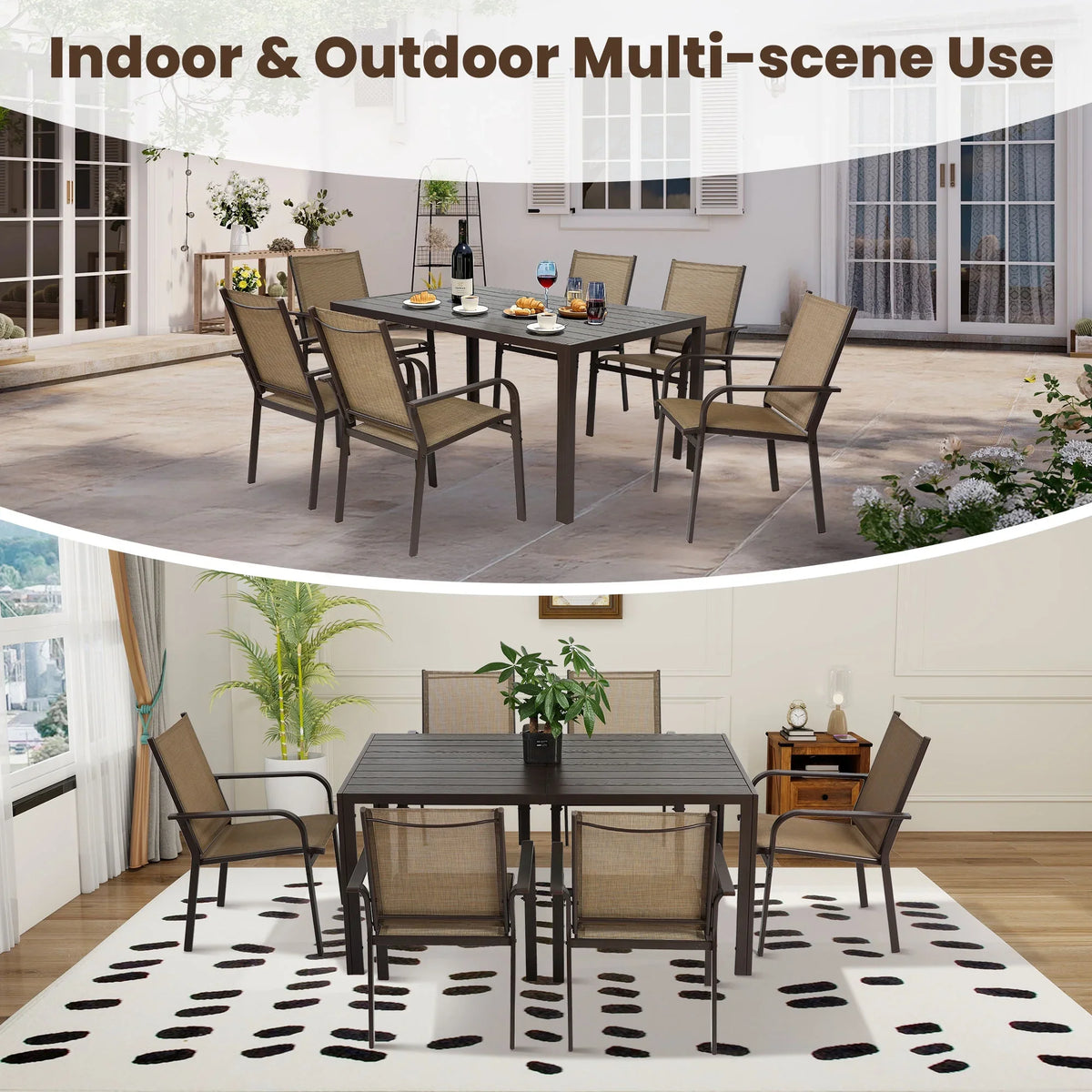 Seizeen 7-Piece Outdoor Table and Chairs, Patio Table Set with 6 Rattan Chairs, All-weather Outdoor Patio Dining Sets Rectangular Metal Table with Acacia Wood Top, Umbrella Hole, Gray