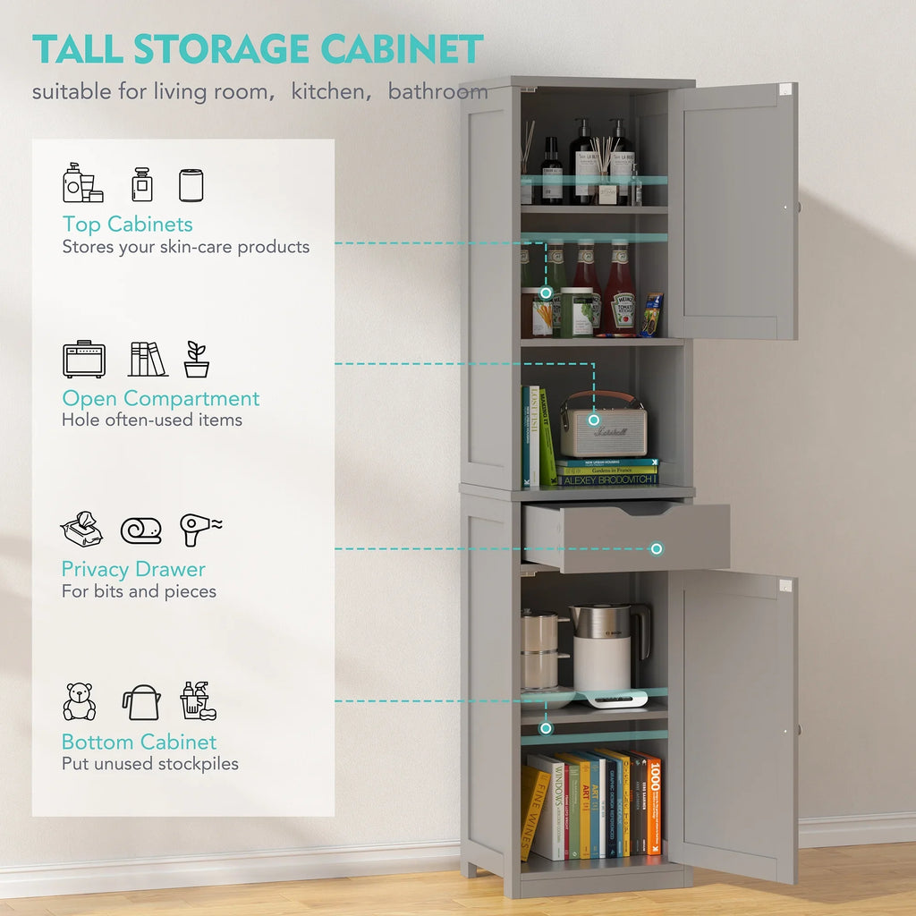 Walsunny Bathroom Storage Cabinet 64" Tall Wooden Kitchen Cupboard Pantry Cabinet with Doors Shelves Drawer Black