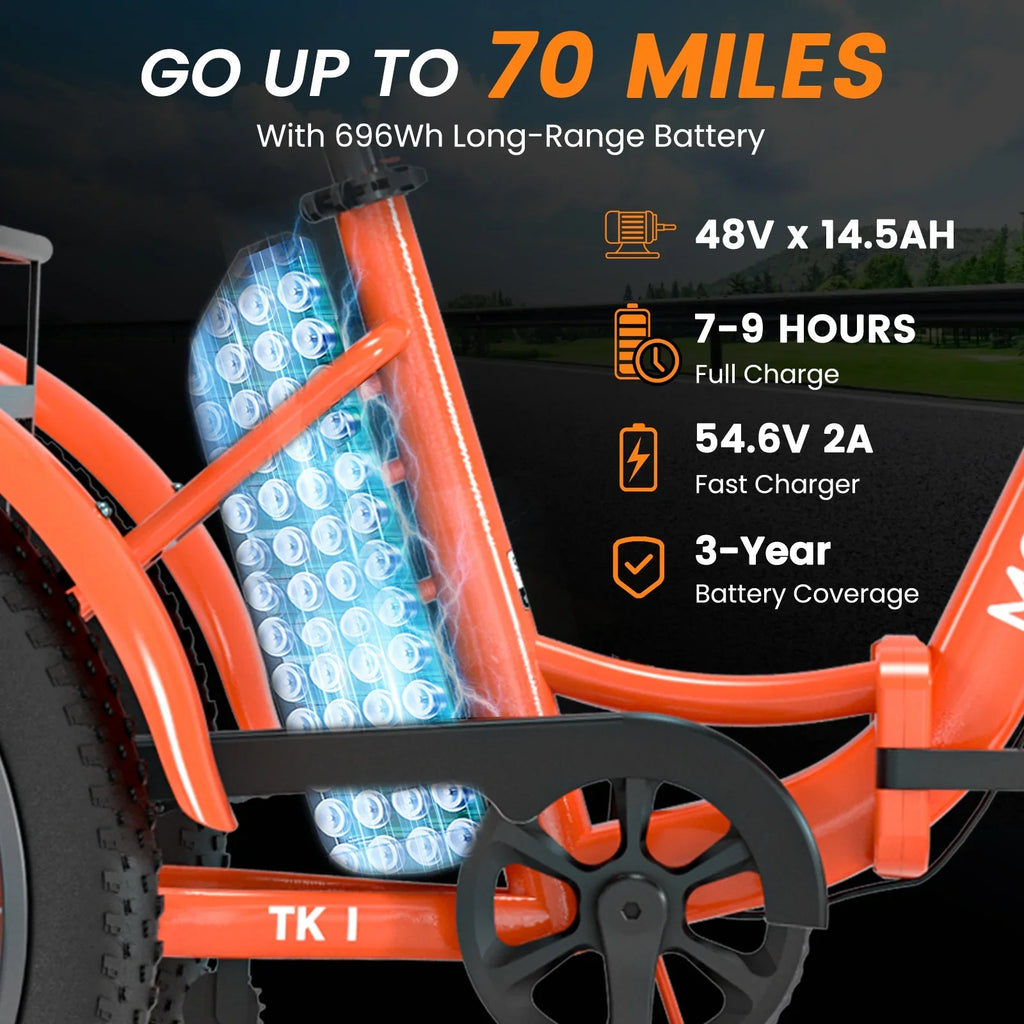 MOONCOOL TK1 Folding Electric Tricycle for Adults,48V 14.5Ah Removable battery, 500W"Peak 1000w"Motor, 20" Fat Tire Step-Thru 3Wheel Electric Bicycle w/Front&Rear Baskets, Certified to UL 2849 by SGS