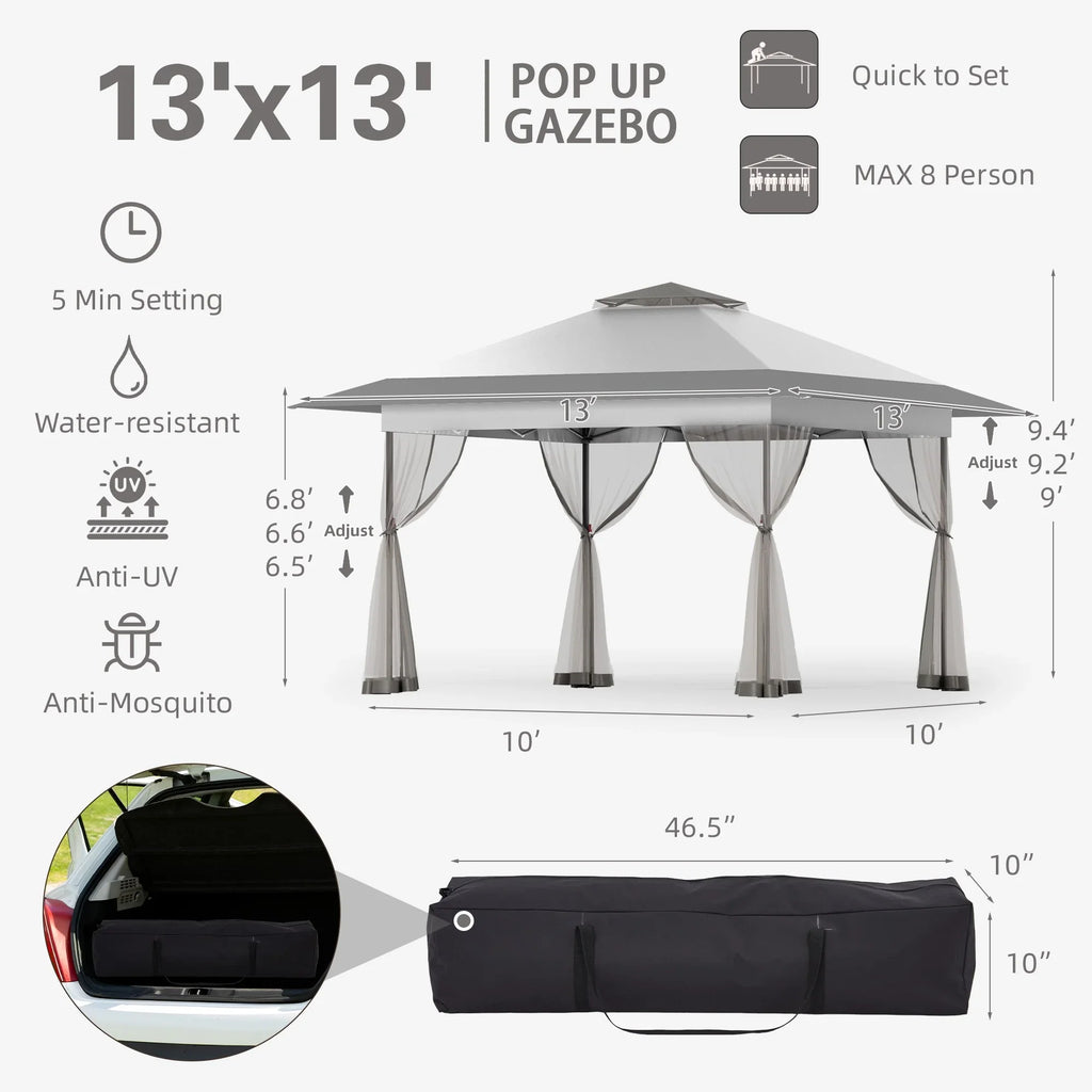 Bezseller 11x11 Pop up Gazebo, Outdoor Waterproof Canopy Tent with Mosquito Netting for Outdoors, Khaki