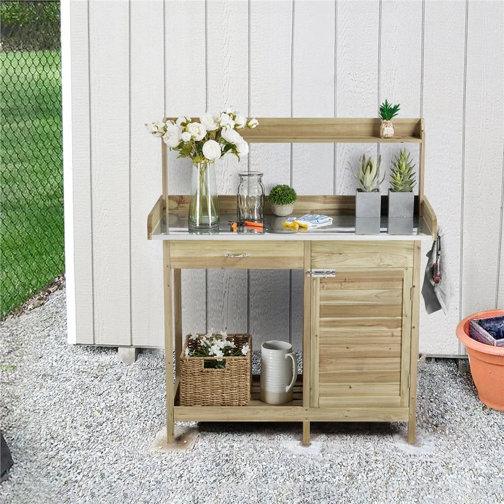 Renwick Outdoor Garden Potting Bench W/Cabinet Drawer Open Shelf, Gray