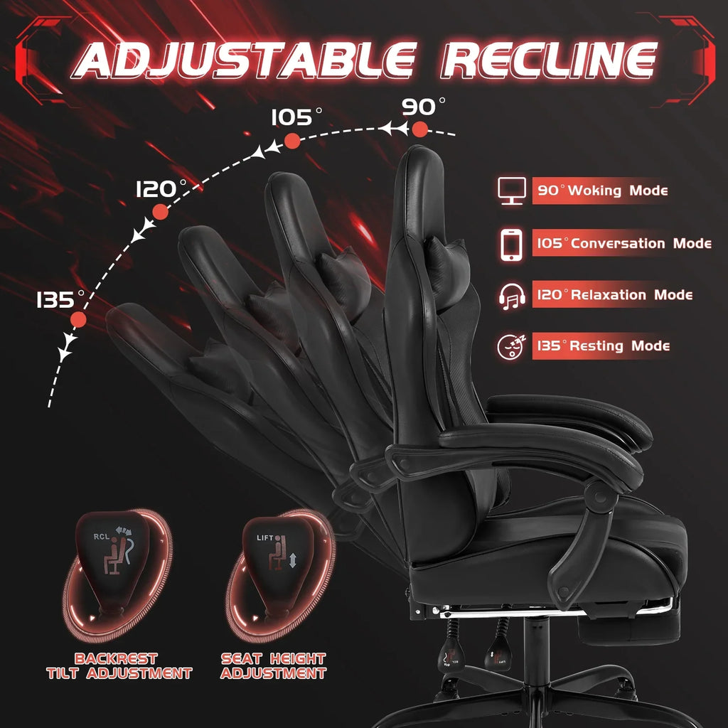 Lacoo PU Leather Gaming Chair Massage Ergonomic Gamer Chair Height Adjustable Computer Chair with Footrest & Lumbar Support, White
