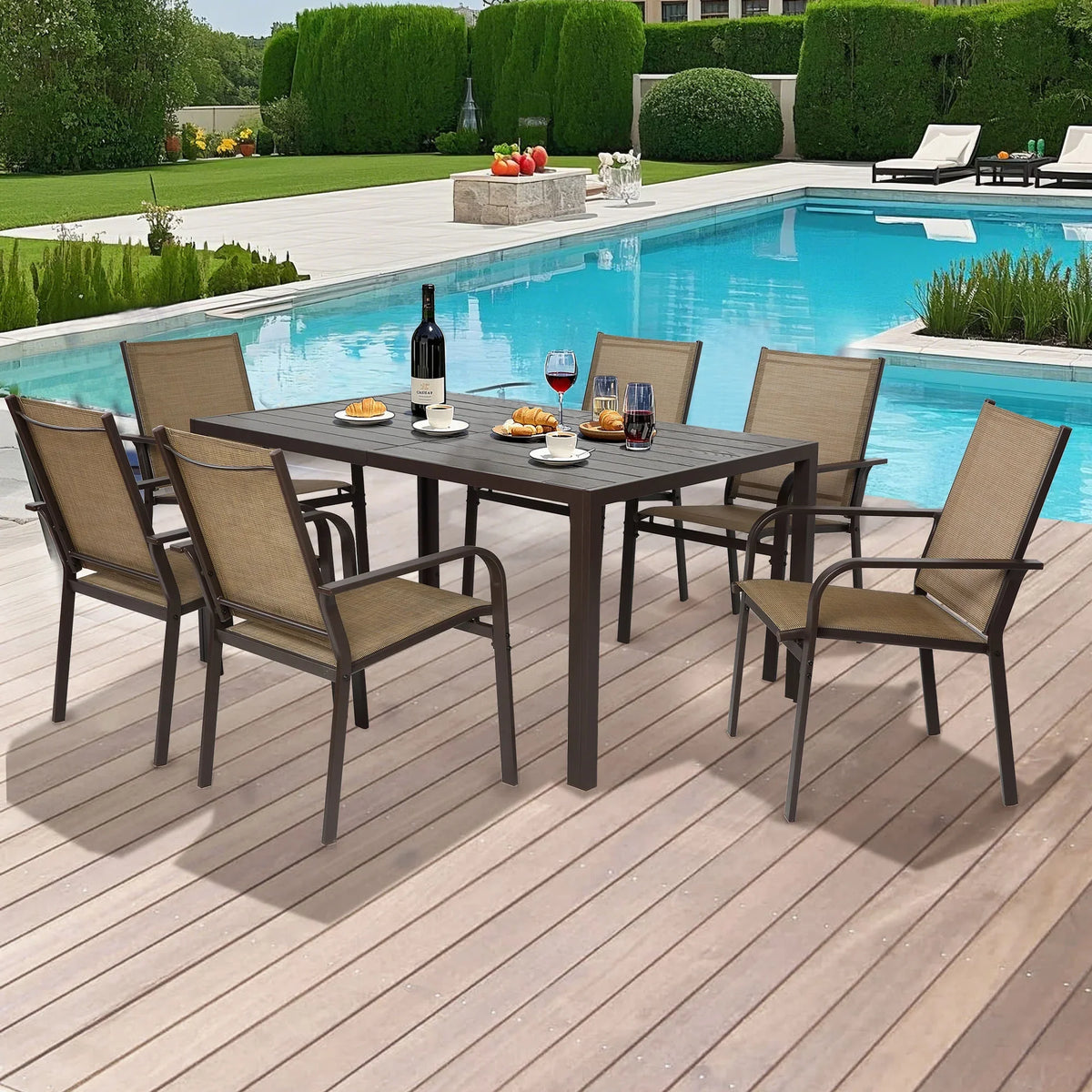 Seizeen 7-Piece Outdoor Table and Chairs, Patio Table Set with 6 Rattan Chairs, All-weather Outdoor Patio Dining Sets Rectangular Metal Table with Acacia Wood Top, Umbrella Hole, Gray