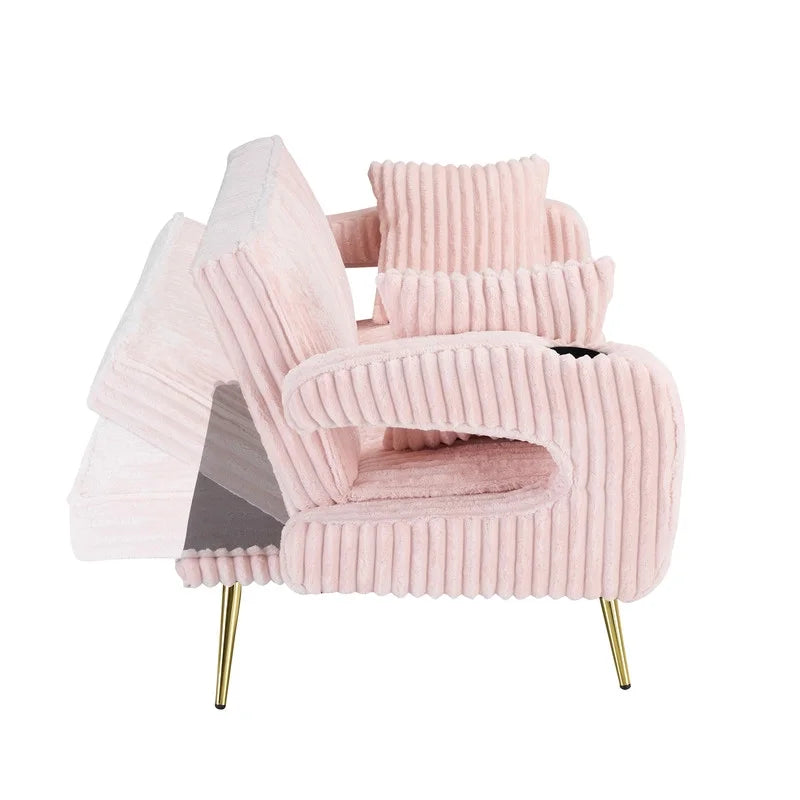 FFH Modern Corduroy Futon Sofa Bed with Adjustable Backrest,Convertible Loveseat Sleeper,Soft Couch with Drop-Down Table and Cup Holder for Living room,Pink