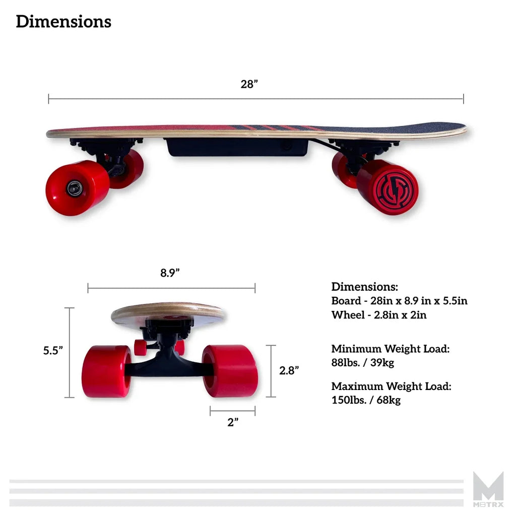 M8TRX EB100 Electric Skateboard, Gravity Sensor Riding, 300 Watt, 28" Deck, 10 MPH, Red