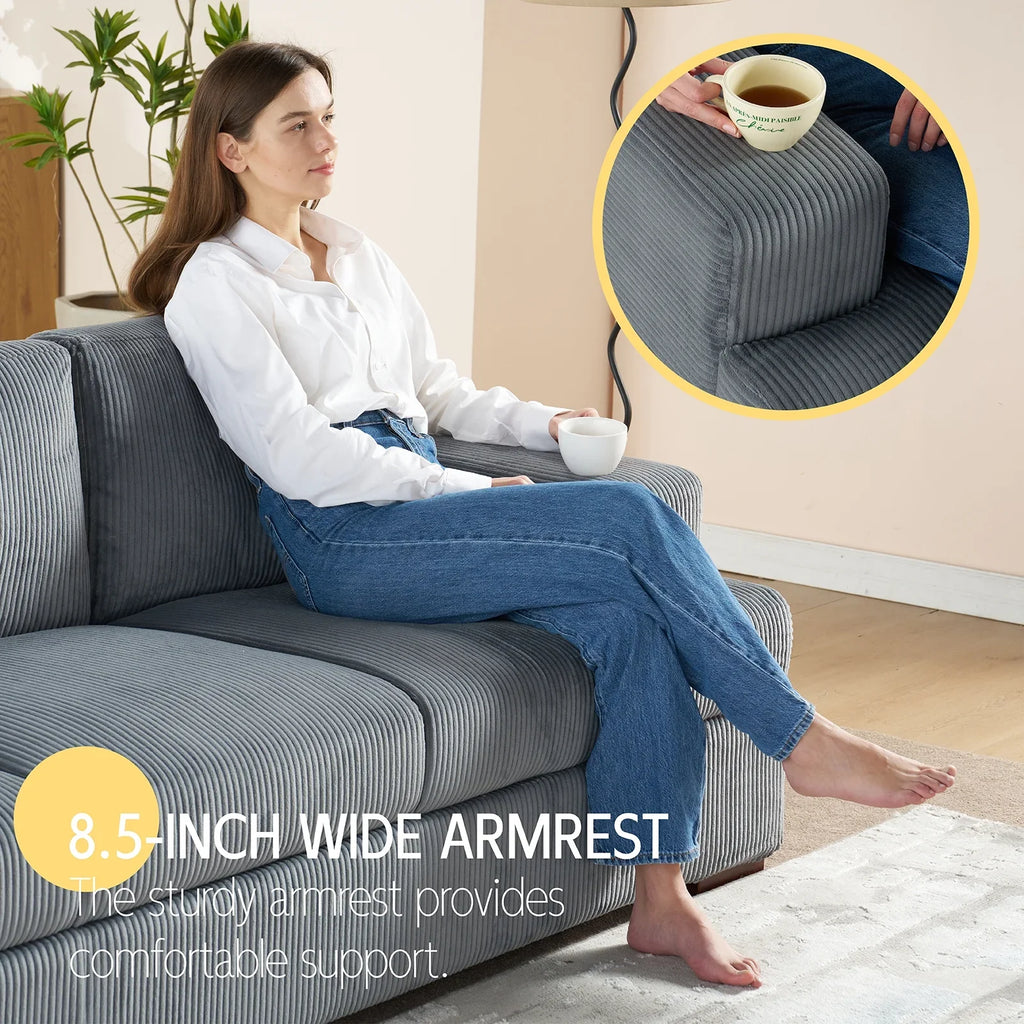 VANACC 89in Couch, Comfy Sofa with Wood Legs, 3 Seater Modern Sofa- Deep Seat Couches for Living Room, White Corduroy