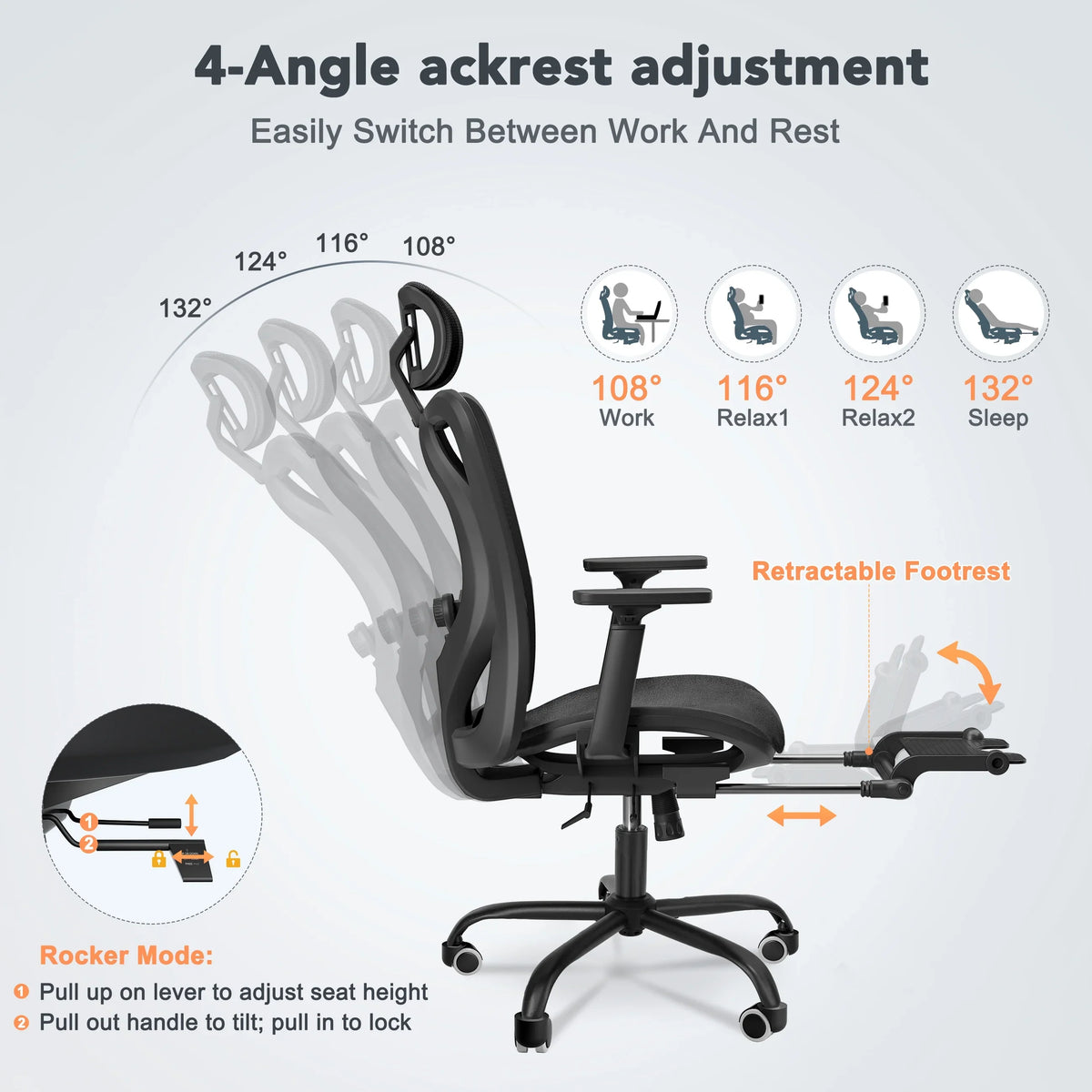 EVMORE Ergonomic Office Chair, Computer Desk Chair with Lumbar Support, Adjustable Headrest, and Breathable Mesh Back - 400 lbs Capacity, Black(with Footrest/3D Armrest)