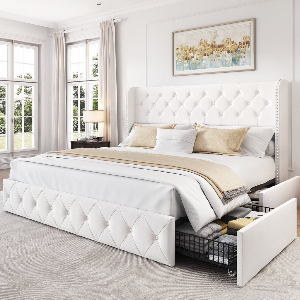 LARMACE Queen Size Platform Bed Frame with 4 Storage Drawers and Tufted Headboard Linen Upholstered Bed Wingback Bed Frame with Wooden Slats Support, Easy Assembly, Light Grey