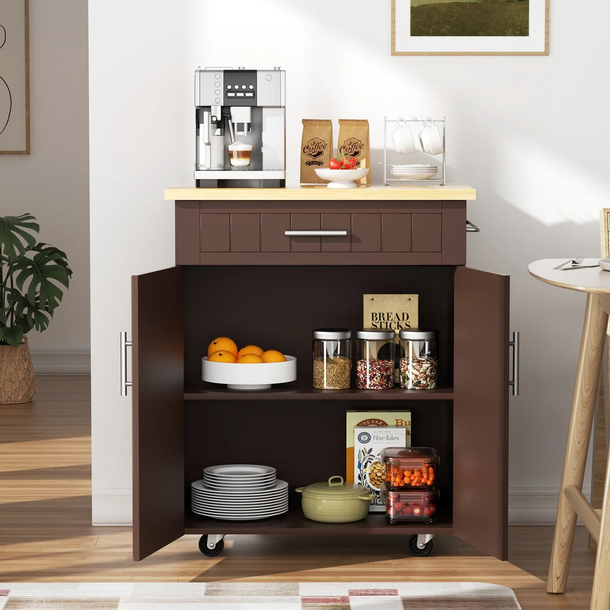 Walsunny Kitchen Island Table Stand with Storage on Wheels,Rolling Kitchen Cart Storage Cabinet with Drawer,White