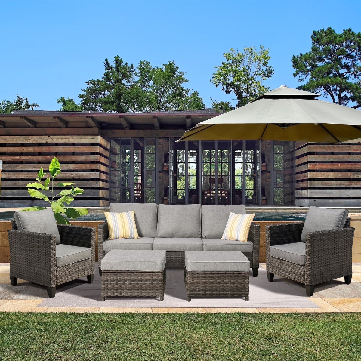 Ovios 5 Pieces Outdoor Patio Furniture Set Wicker Rattan Outdoor Conversation Comfortable Sectional Sofa with Steel Frame, Grey