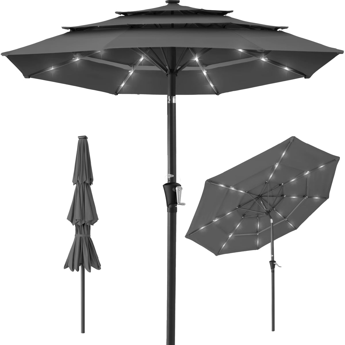 Best Choice Products 10ft 3-Tier Solar Patio Umbrella w/ 24 LED Lights, Tilt Adjustment, Easy Crank - Tan