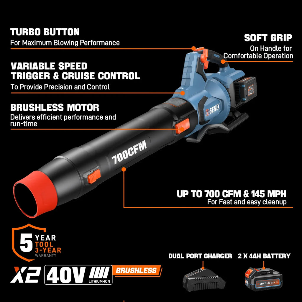 SENIX X6 60V Max* Brushless Cordless Leaf Blower with 4.0 Ah Battery and Charger, Variable Speed Up to 810CFM 170MPH, BLAX6-M1