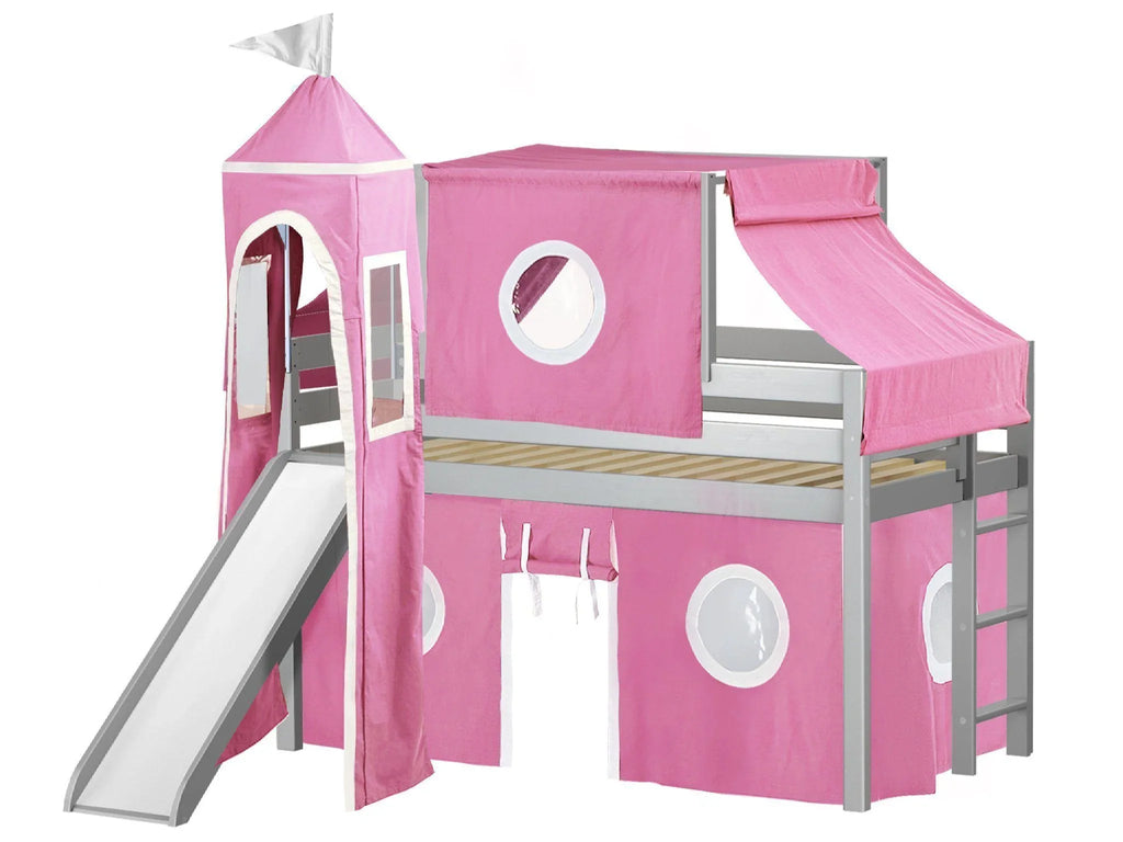 JACKPOT! Castle Low Loft Bed with Slide, Red Yellow and Blue Tent and Tower, Twin, Cherry