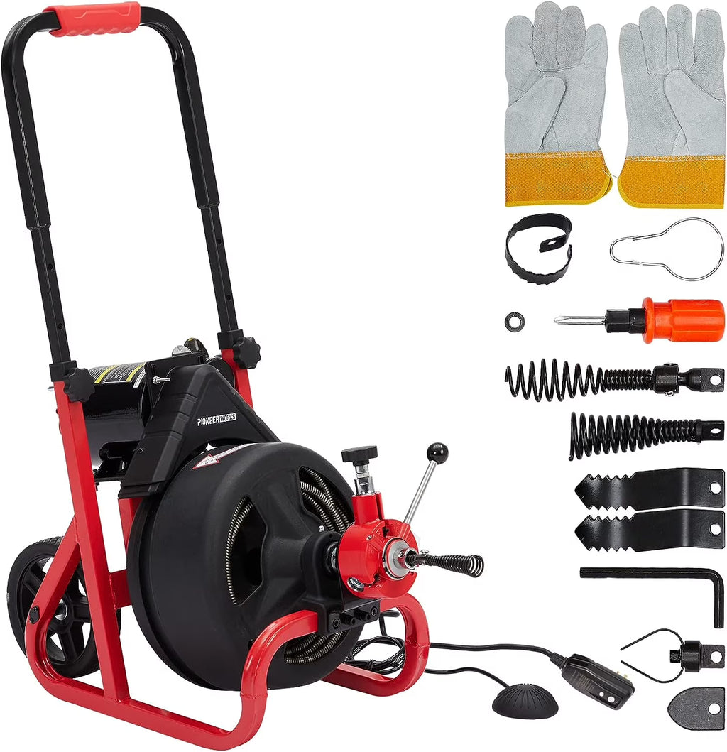 75Ft x 1/2 Inch Drain Cleaner Machine, Auto-feed Electric Drain Auger Professional for 2 to 4 Inch Pipes, with 6 Cutters, Glove, Drain Auger Cleaner Sewer Snake