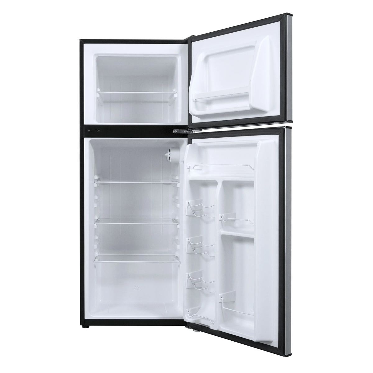 Galanz 4.6. Cu ft Two Door Mini Refrigerator with Freezer, Stainless Steel, New, Width 19.13"
