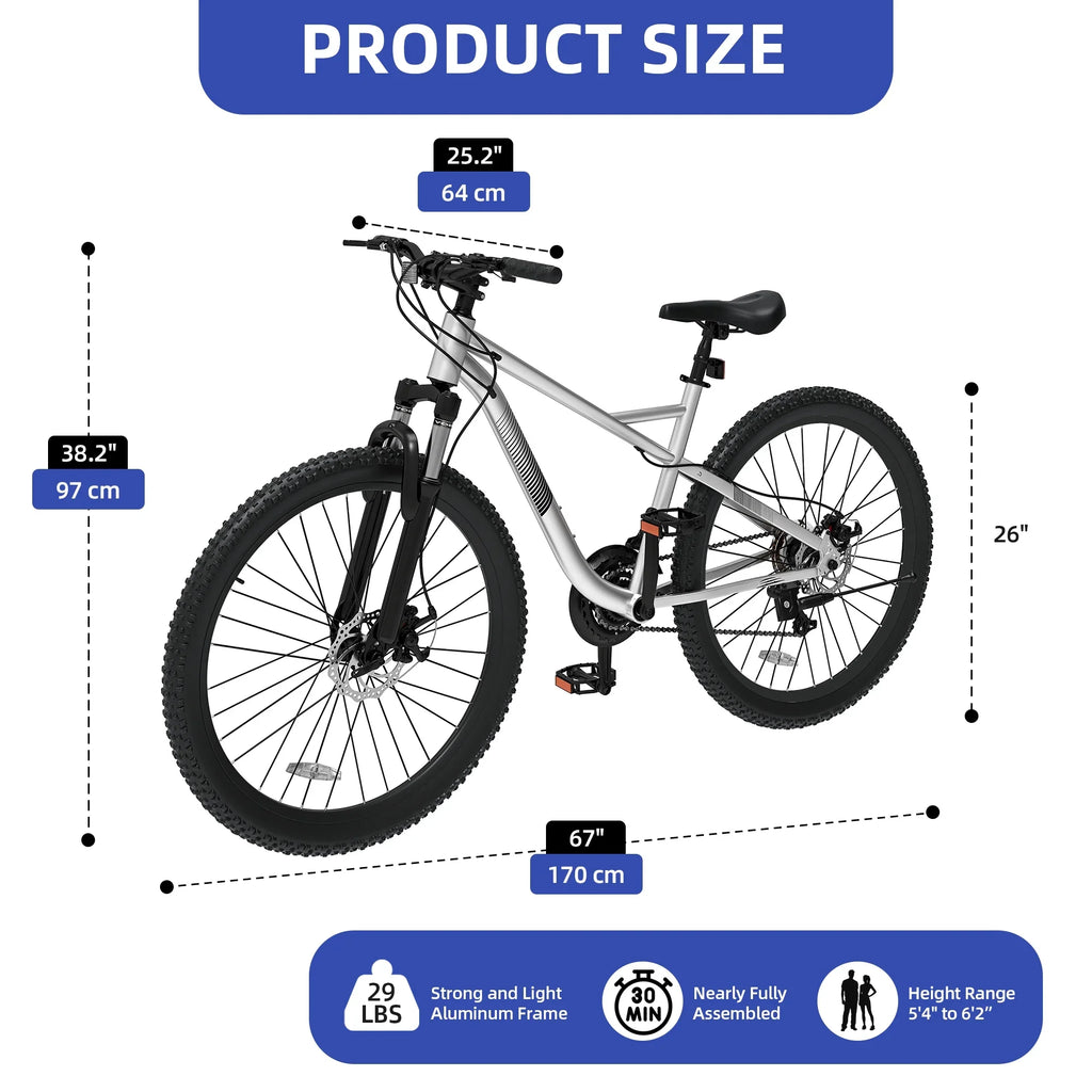 ModFusion 26-Inch Aluminum Alloy Mountain Bike, 21-Speed, Disc Brakes, Black with Brown Tires, 85% Assembled