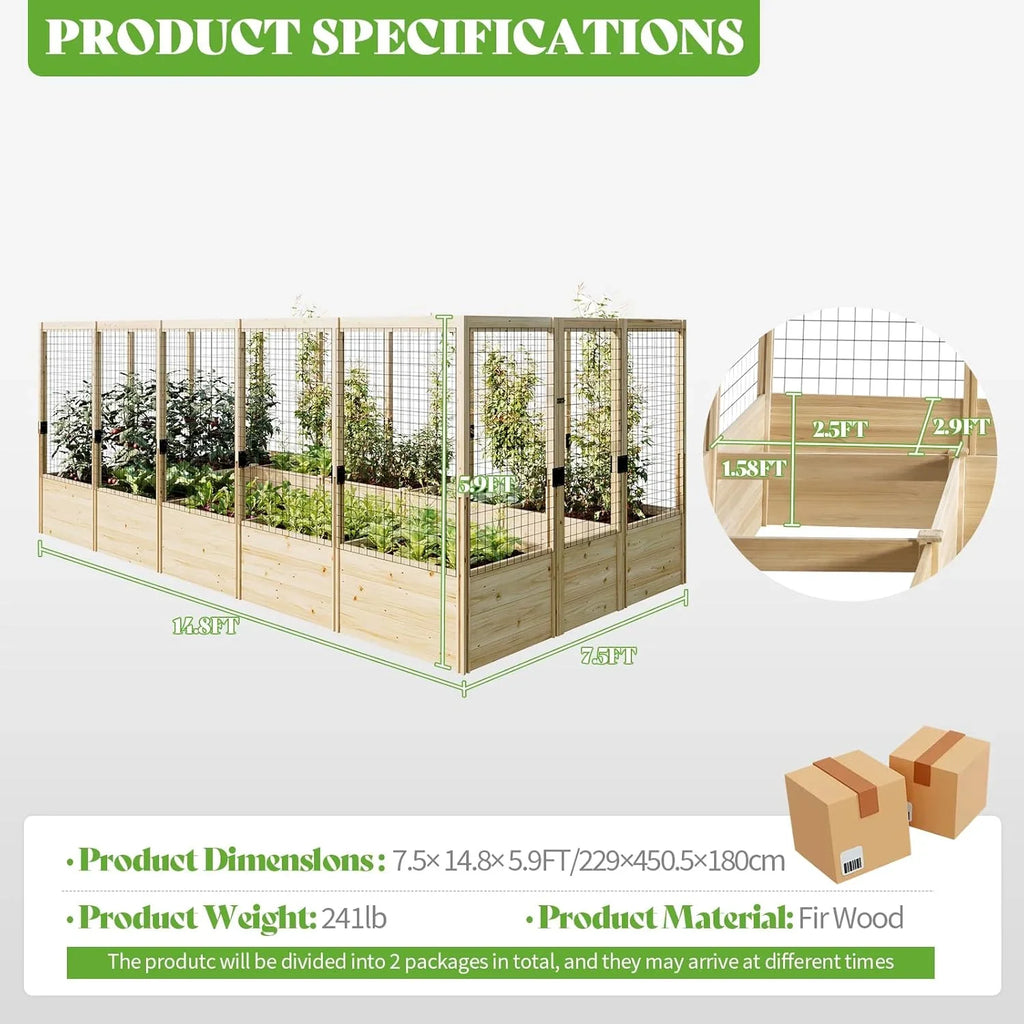 Jocisland Wooden Raised Garden Bed for Outdoor, Deep Large Planter Box with Netting for Gardening, Vegetables, Herbs"8"9"6 ft"