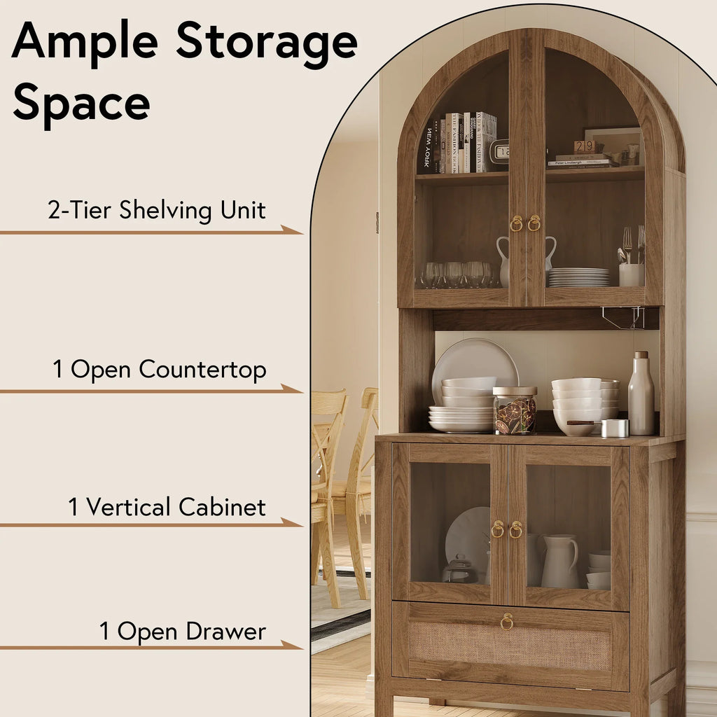 LAZZO 73-Inch Tall Arched Kitchen Pantry Storage Cabinet, 2 Doors, Brown