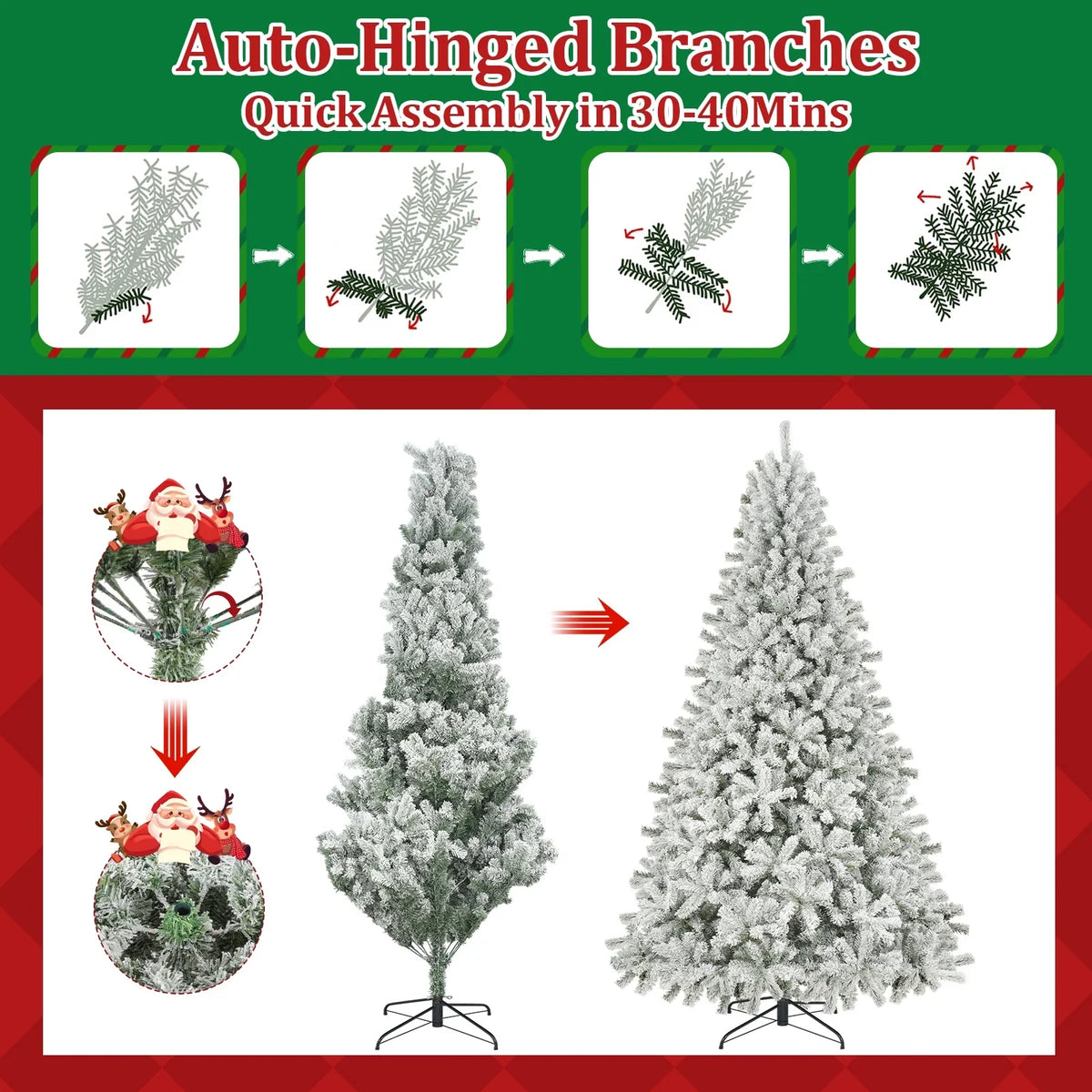 Qunler 9ft Snow Flocked Christmas Tree with 2028 Tips, Artificial Snowy Xmas Pine Tree with Reinforced Metal Base for Home Office Party Holiday Decorations,White(NO Light)