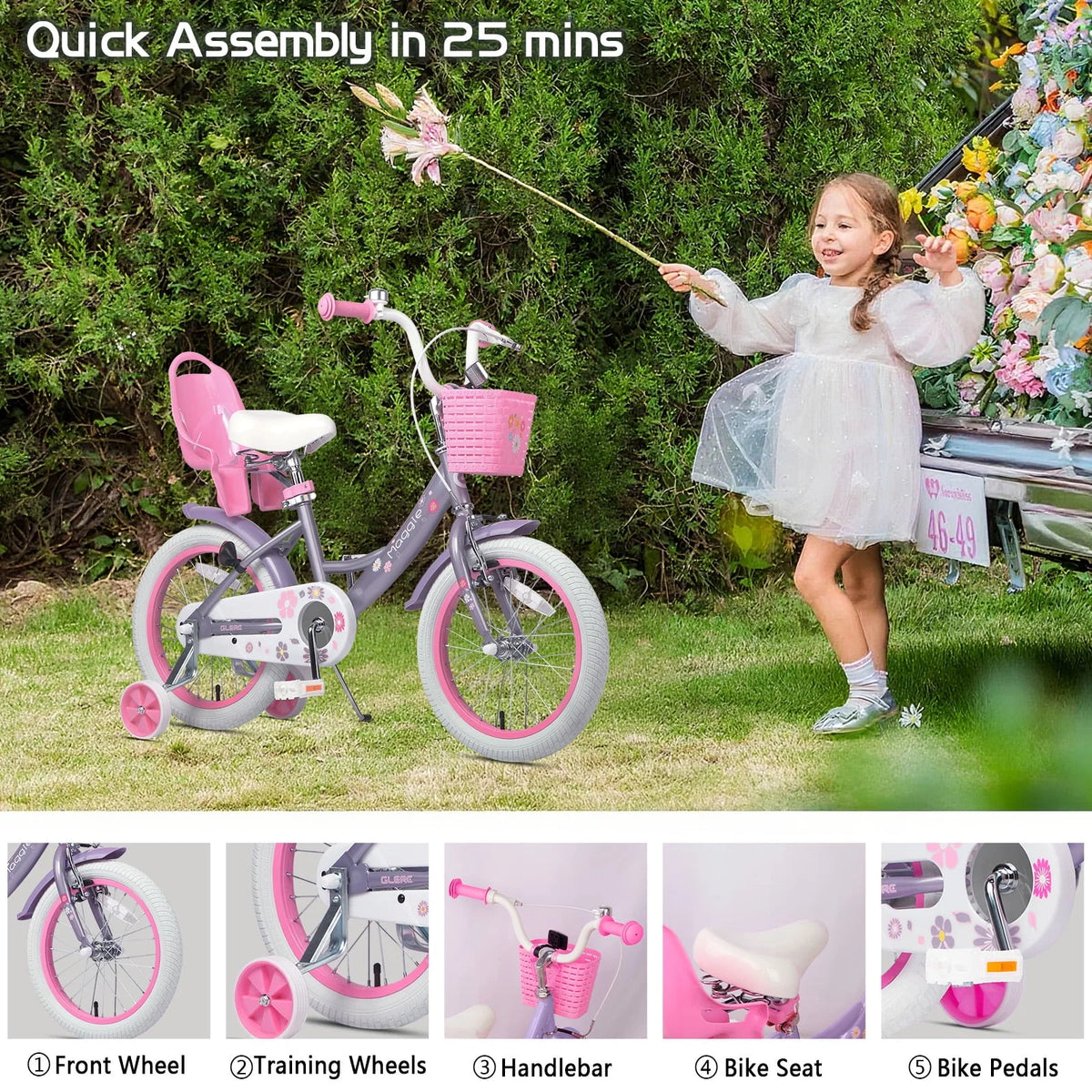 Glerc Maggie 12 inch Kids Girls Bike for Ages 2-4 Years Child, Peach