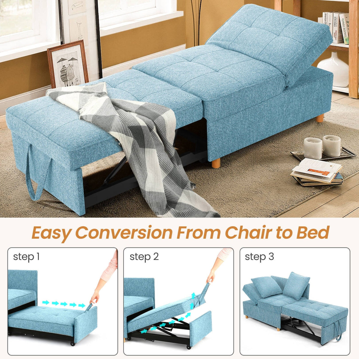 SEJOV 4-in-1 Convertible Sleeper Chair Bed, Linen Sofa Bed for Small Space, Futon Sofa with 2 Throw Pillows for Living Room, Single Recliner with 5 Adjustable Backrest for Bedroom Apartment, Brown