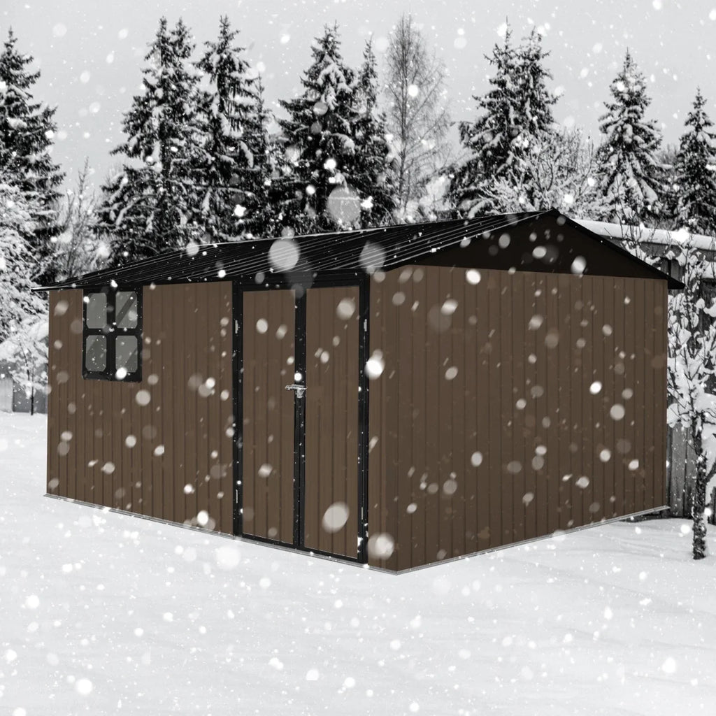 10x12 FT Outdoor Storage Shed, Metal Garden Tool Shed with Vents, Window and Bulit-in Hooks, Waterproof Organization for Home/Backyard/Garden Tools/Lawn Storage, Yellow+White