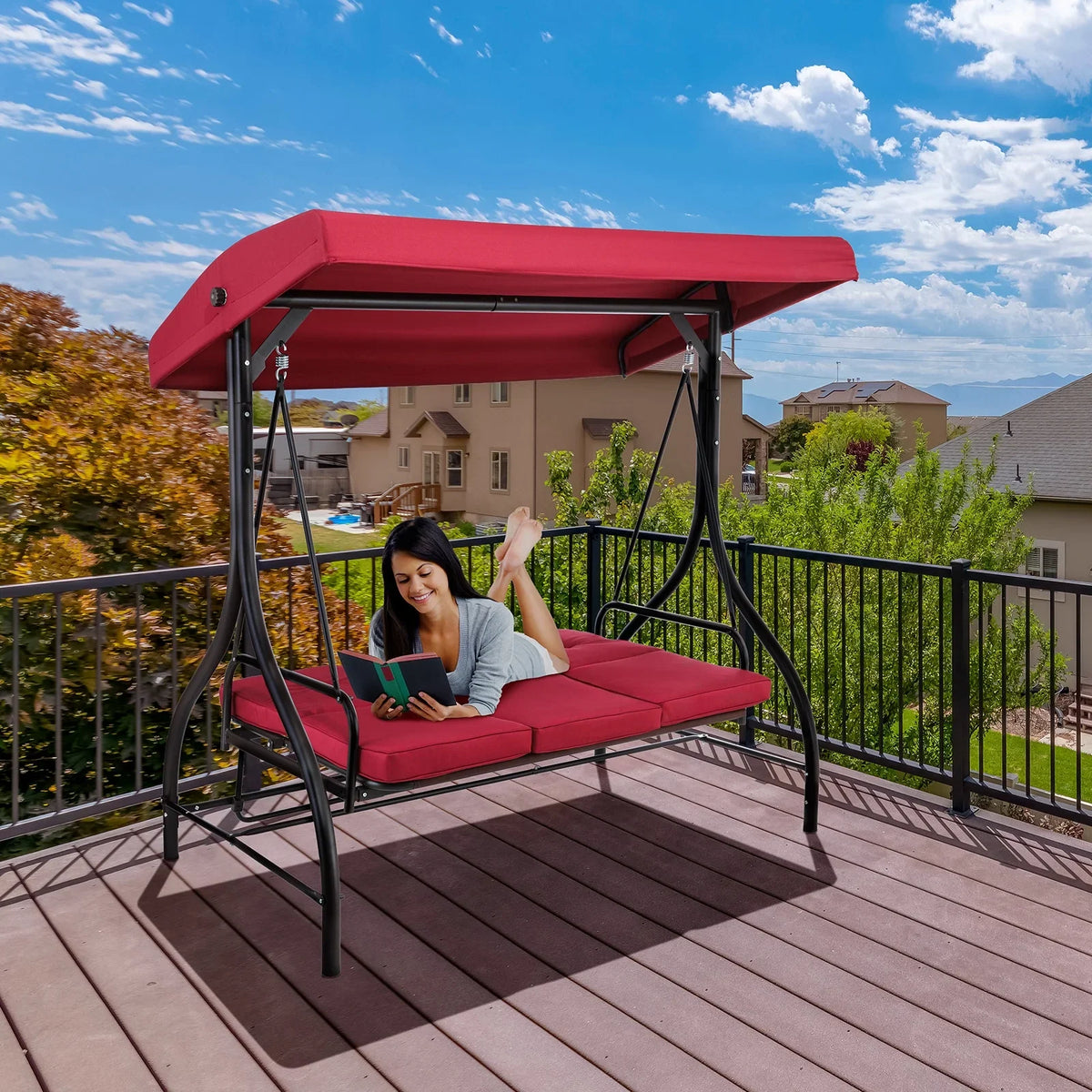 Pirecart 3 Person Patio Porch Swing Outdoor Converting Swing Glider Hammock with Adjustable Canopy, Cushions, Red