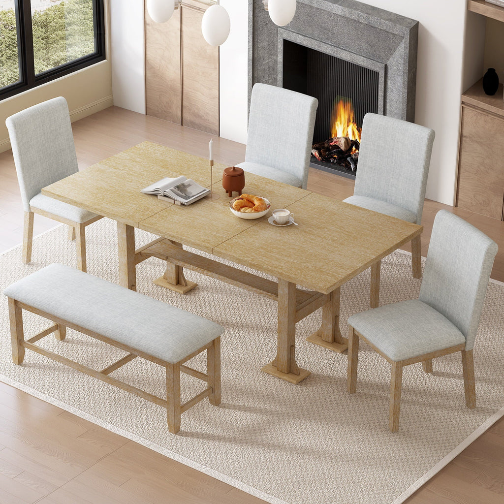 6 Piece Extendable Dining Table Set, Atumon Wood Dining Room Set for 6, Dining Table Set with 4 Cushioned Chairs and Bench, Farmhouse Dining Table Set Furniture for Kitchen Dining Room, Dark Brown