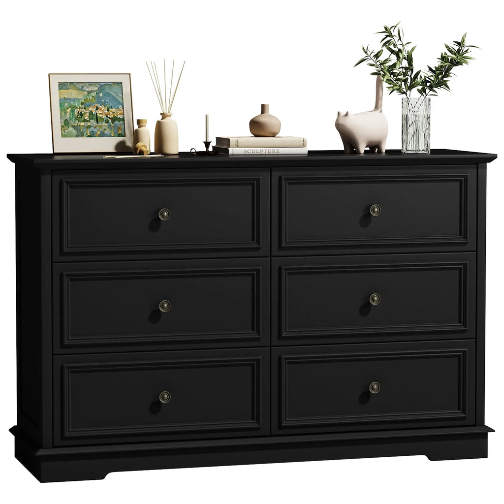 IDEALSOUL Black Dresser,6 Drawer Dresser for bedroom,Retro Wood Storage Cabinet for Living Room