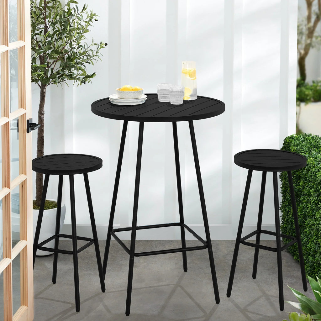 Best Choice Products 3-Piece Steel Patio Bar Height Round Bistro Set w/ Backless Stools, Slatted Design - Black