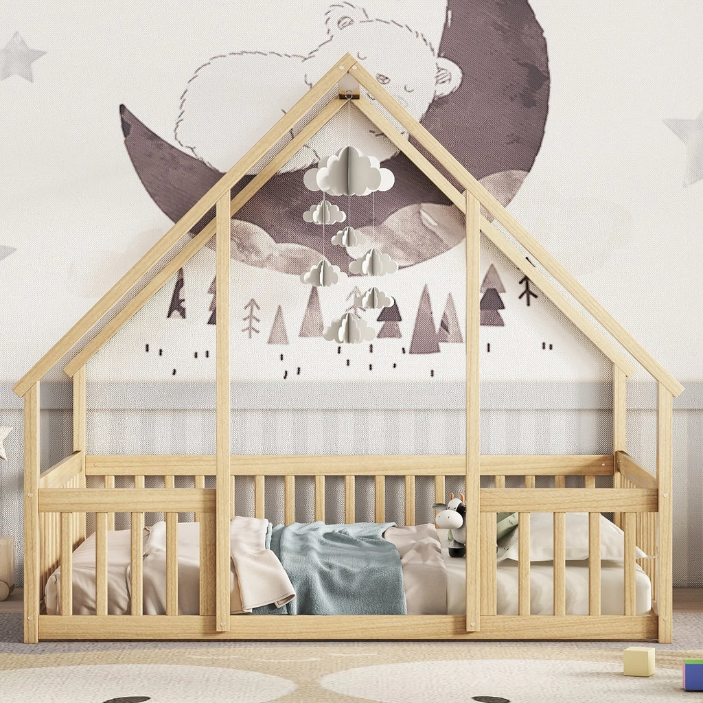 Bellemave Twin Size Floor Bed Frame, Wooden House Bed Twin Size with Fence, Montessori Bed with Guardrails for Bedroom (White)