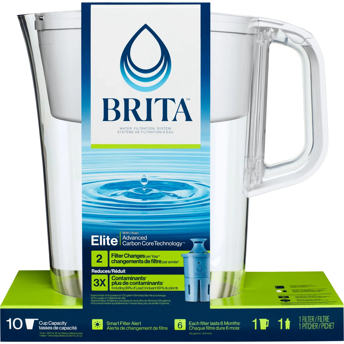 (2 pack) Brita Large 10 Cup White Tahoe Water Filter Pitcher with 1 Brita Elite Filter