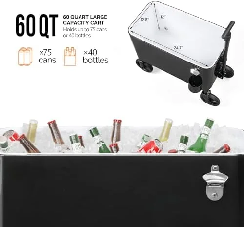 80 Quart Wagon Rolling Cooler Ice Chest, /Long Handle and 10" Wheels, Portable Beach Patio Party Bar Cold Drink Beverage, Outdoor Park Cart on Wheels