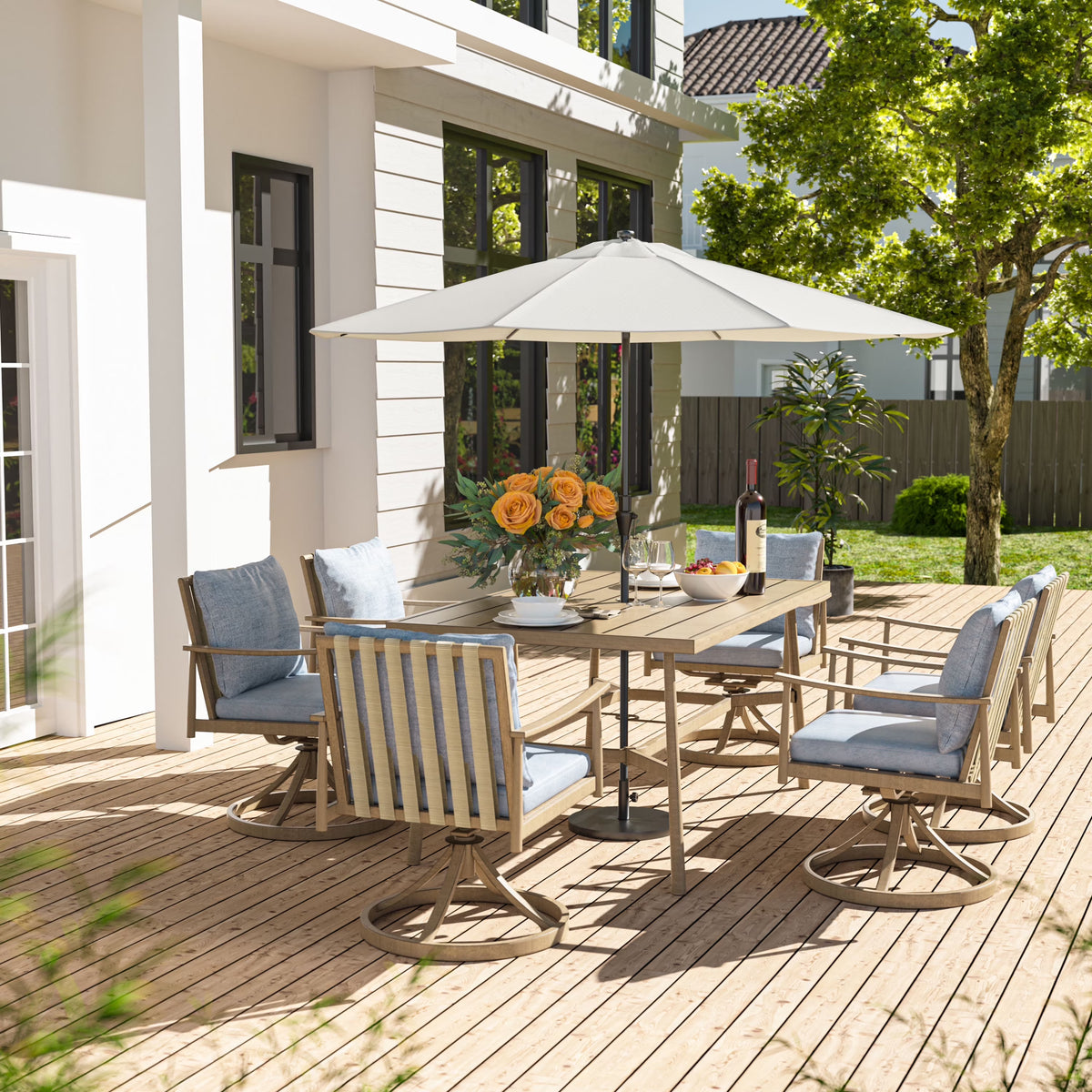HAPPATIO 7-Piece Outdoor Dining Set for 6, Aluminum Patio Dining Set Includes 6 Dining Chairs and 1 Large Rectangular Table with Umbrella Hole, Patio Furniture Set for Lawn, Porch, Backyard, Grey