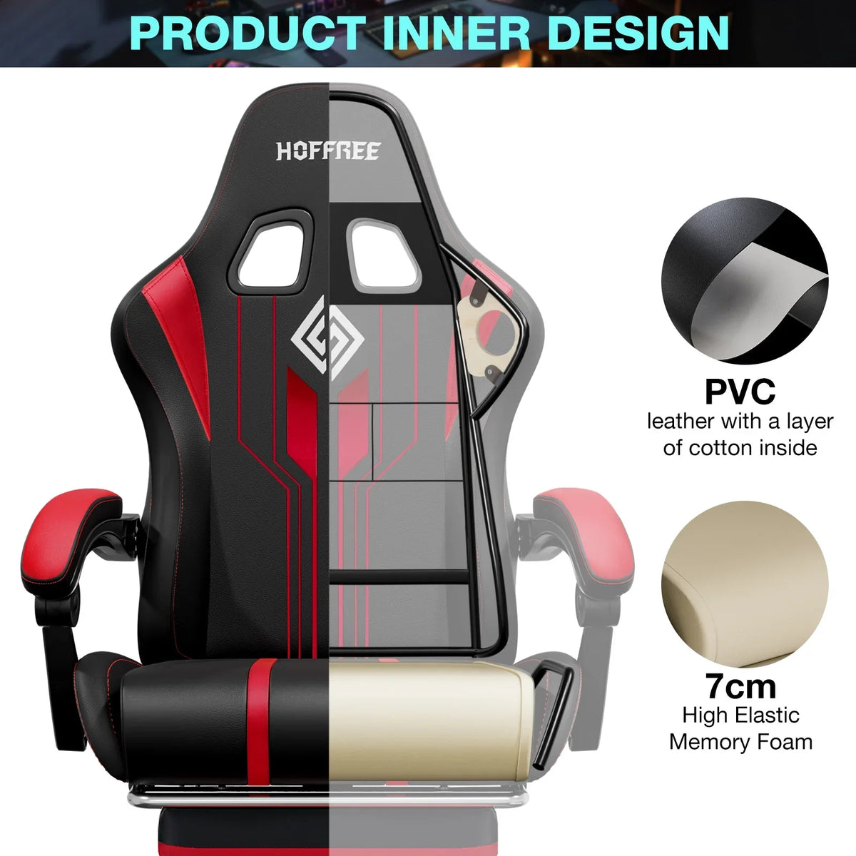 HOFFREE Big and Tall Gaming Chair with Speakers and RGB Lights, Gamer Chair with Footrest, Lumbar Support Height Adjustable 360-Swivel Seat and Headrest for Adults, 400lbs