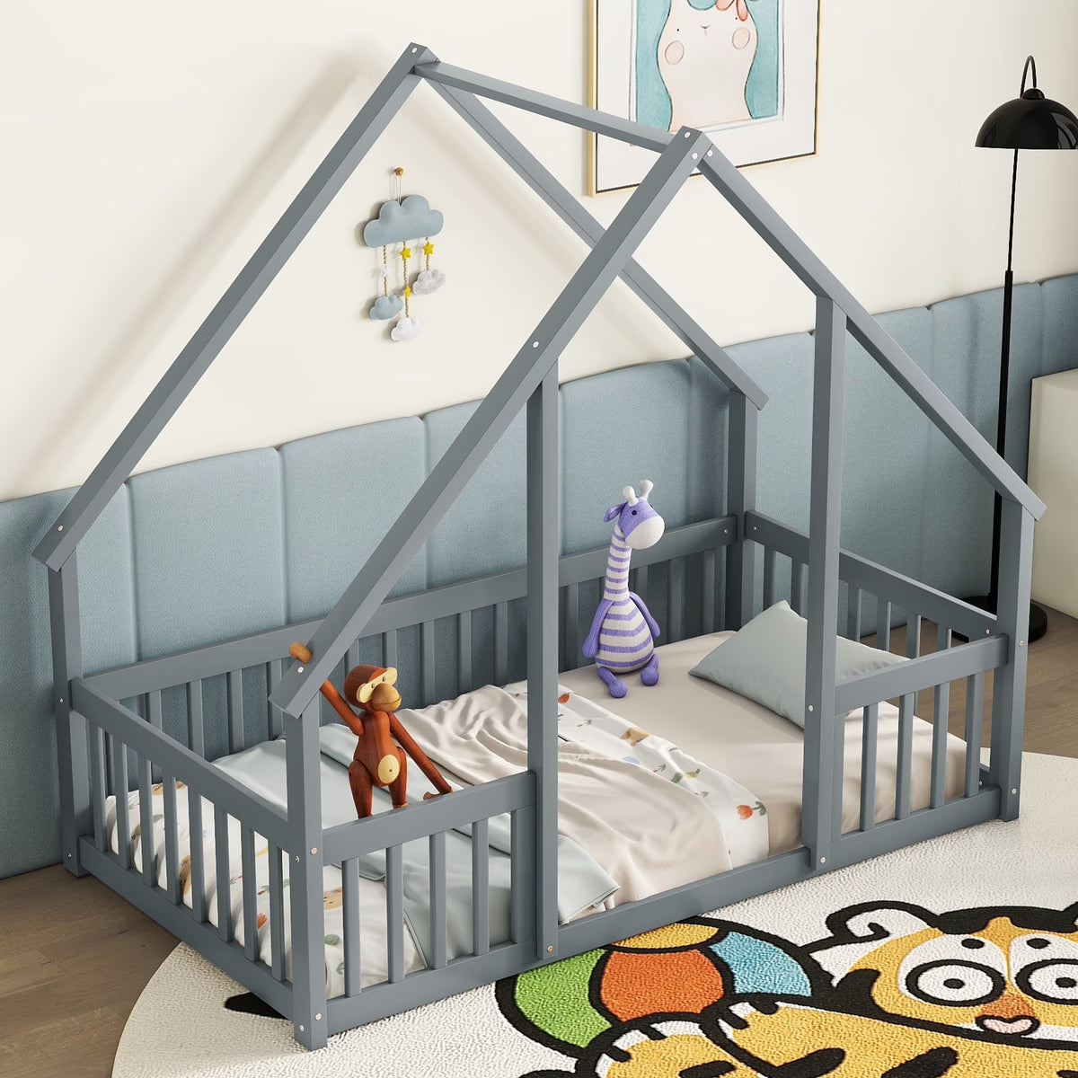 Bellemave Twin Size Floor Bed Frame, Wooden House Bed Twin Size with Fence, Montessori Bed with Guardrails for Bedroom (White)