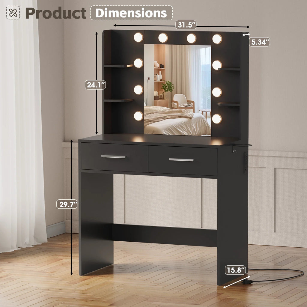 Furmax Makeup Vanity Table and Chair Set with 3 Modes Adjustable Lights and Mirror Vanity Desk with Shelves and Drawer, White